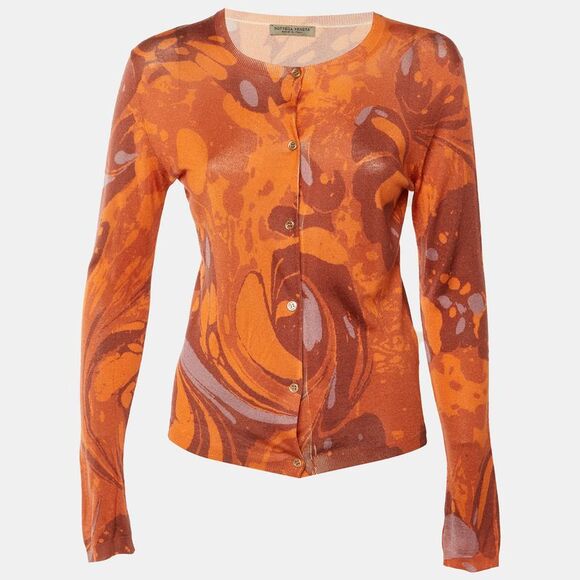 Bottega Veneta Sweaters - Bottega Veneta Orange Printed Cashmere & Silk Cardigan S